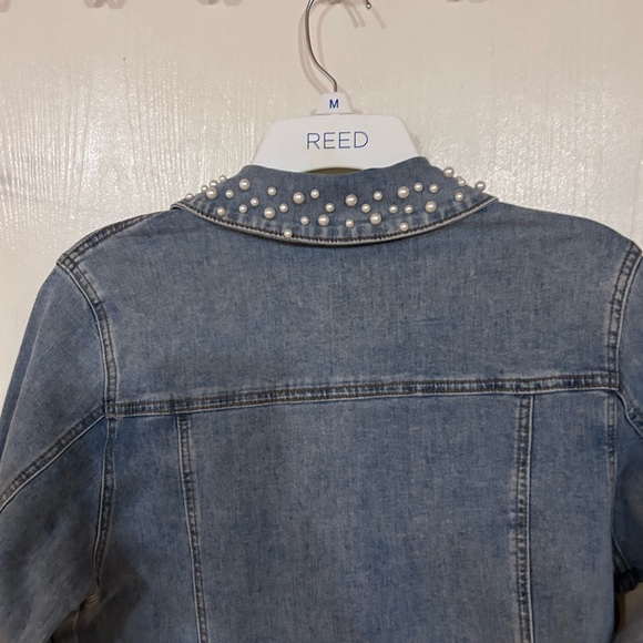 Denim Button-Front Midi Dress with Pearl Chain Detail - Light Blue - Picture 6 of 8